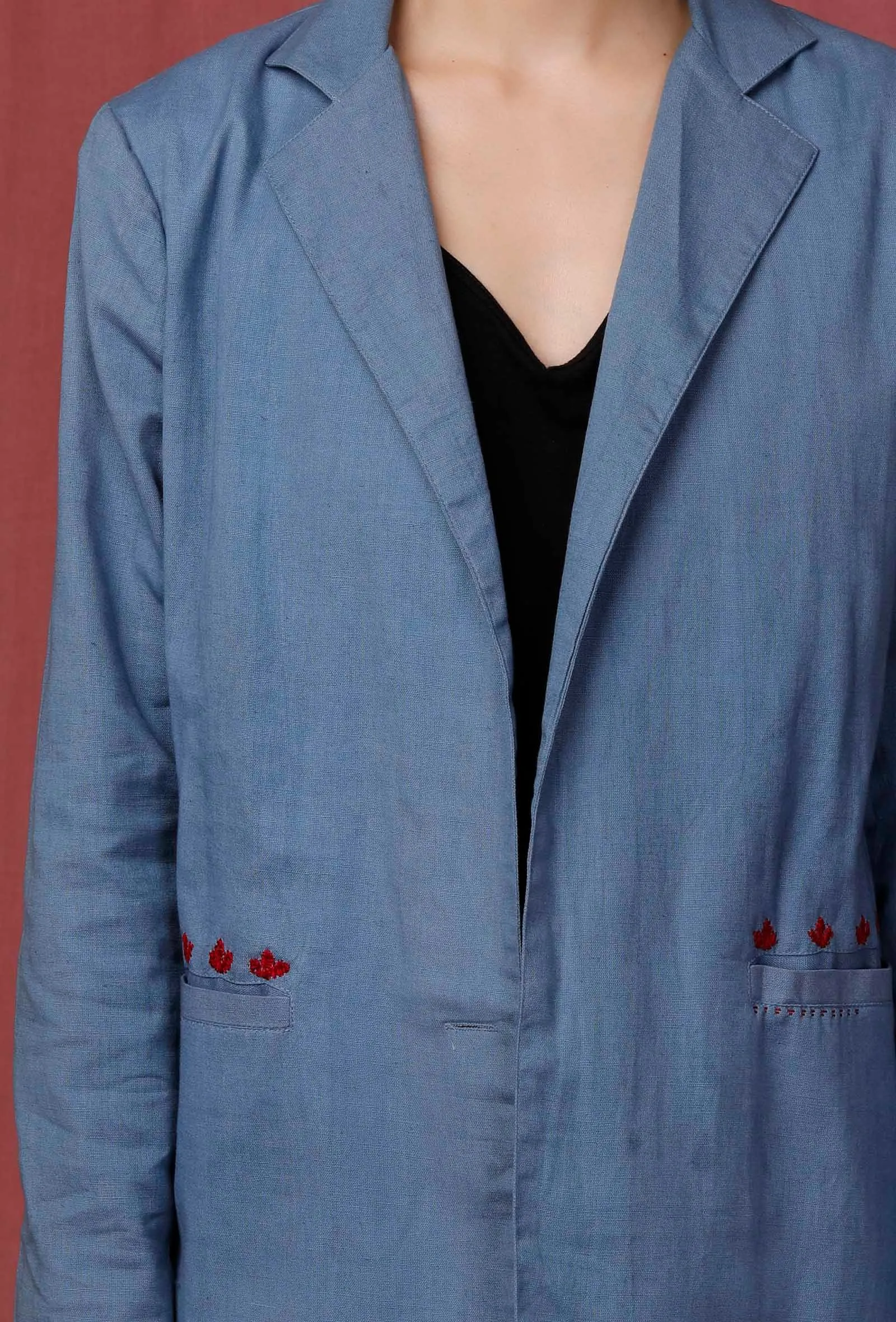 Blue Notched Linen Overcoat