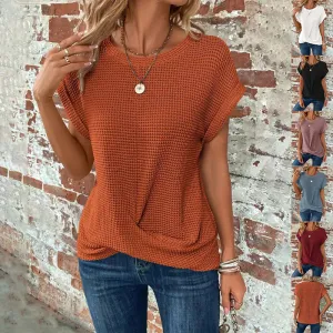 Chic and Comfy: Summer Solid Color Waffle Crew Neck Tee for Women