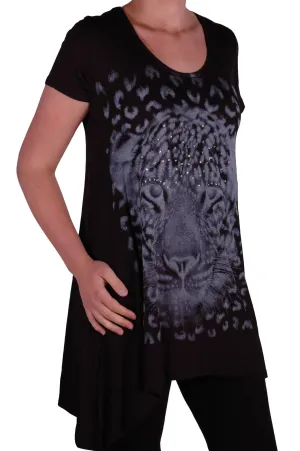 EyeCatch Plus - Ladies Graphic Tiger Long Draped Womens Sparkle Short Sleeve Stretch Top Sizes 14 - 28