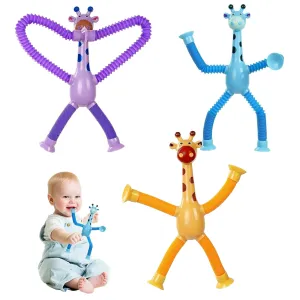 Kidology Telescopic Suction Cup Giraffe Toy, LED Telescopic Pipe with Suction Cup, Shape-Changing Stretch Tube, Parent-Child Interactive Toy Random Colors (Giraffe Figure Set of 3)