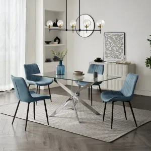 Lucia Rectangular Glass Dining Table & 4 Girona Chairs, Blue Velvet