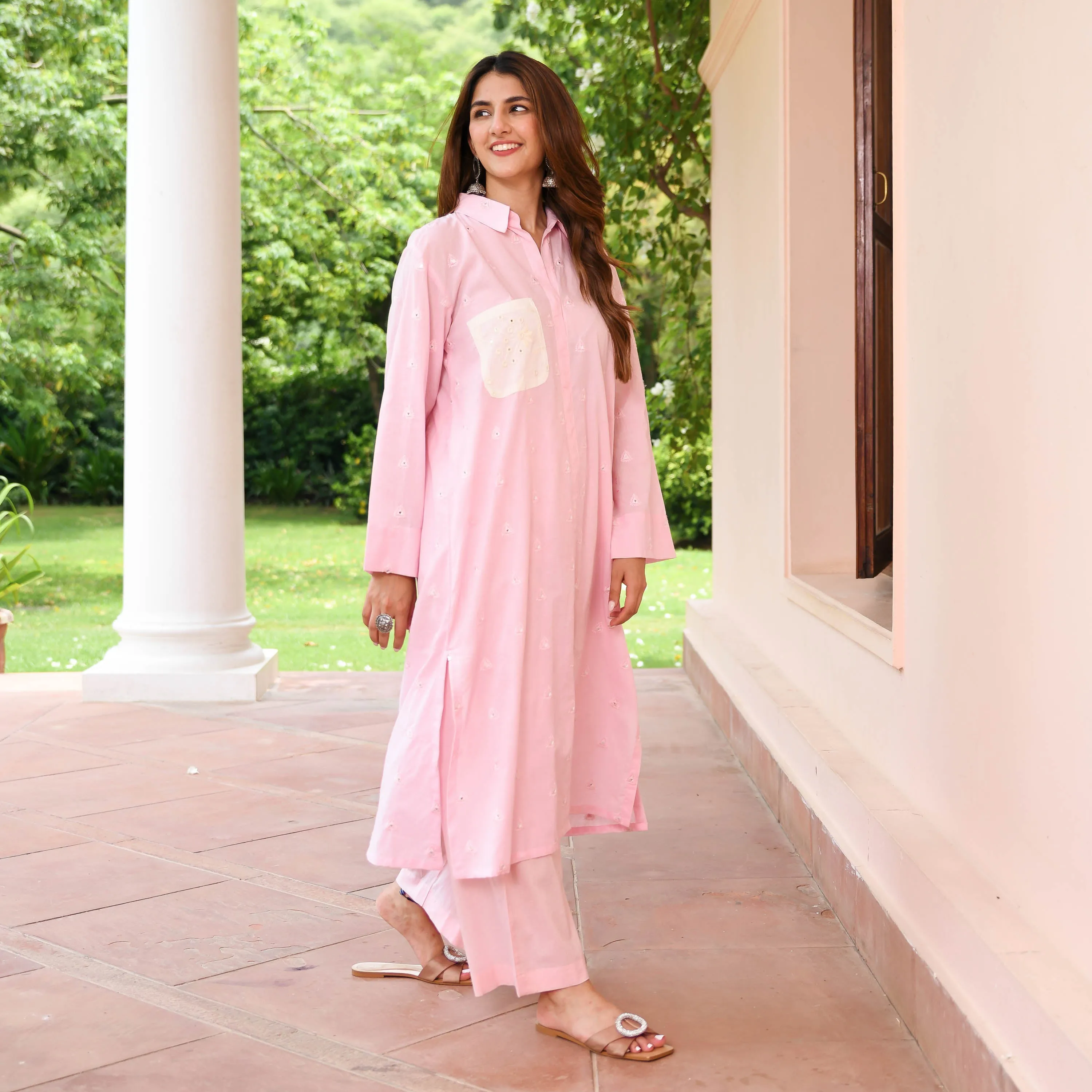 Pink Embroidered Cotton Kurta Pants