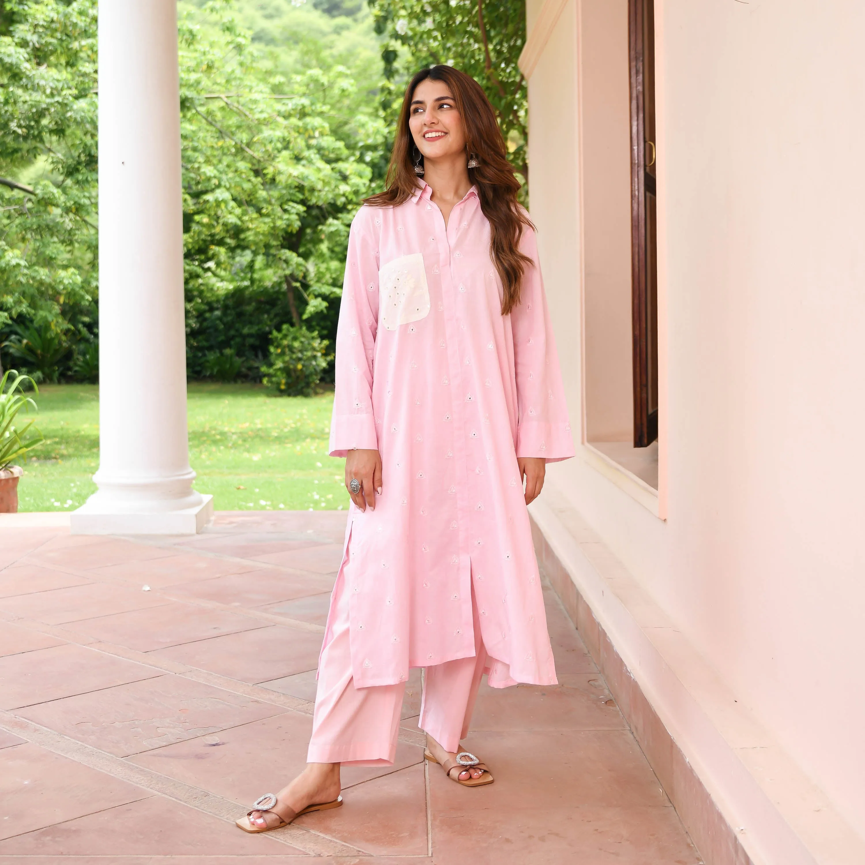 Pink Embroidered Cotton Kurta Pants