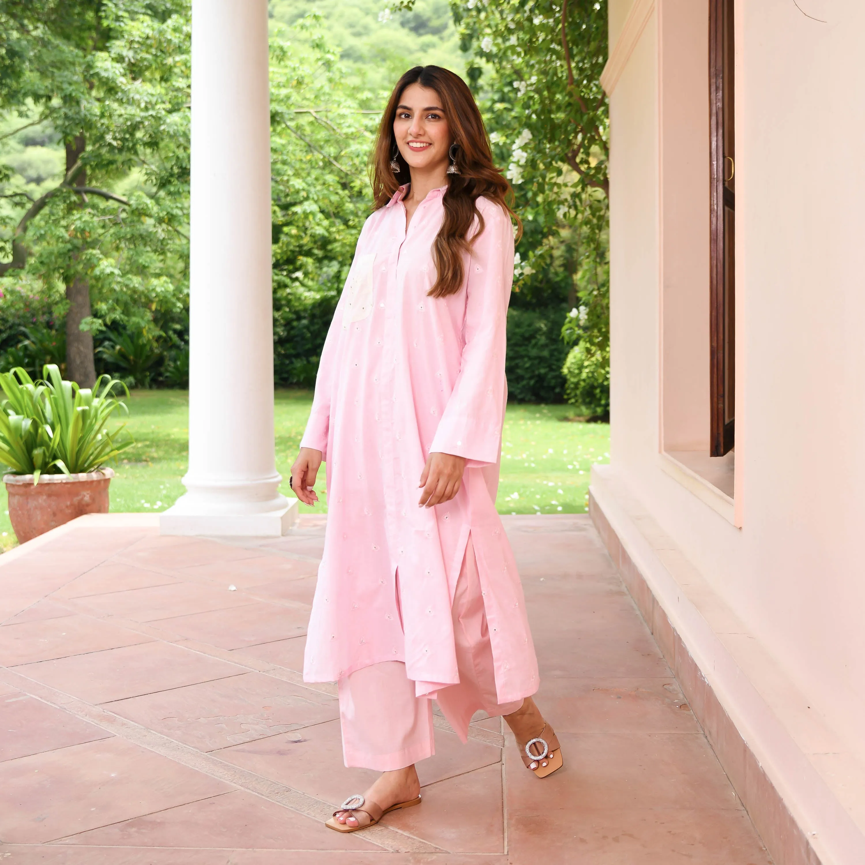 Pink Embroidered Cotton Kurta Pants