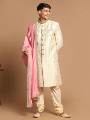 VASTRAMAY Men's Beige And Gold Embroidered Brocade Sherwani Set With Pink Dupatta