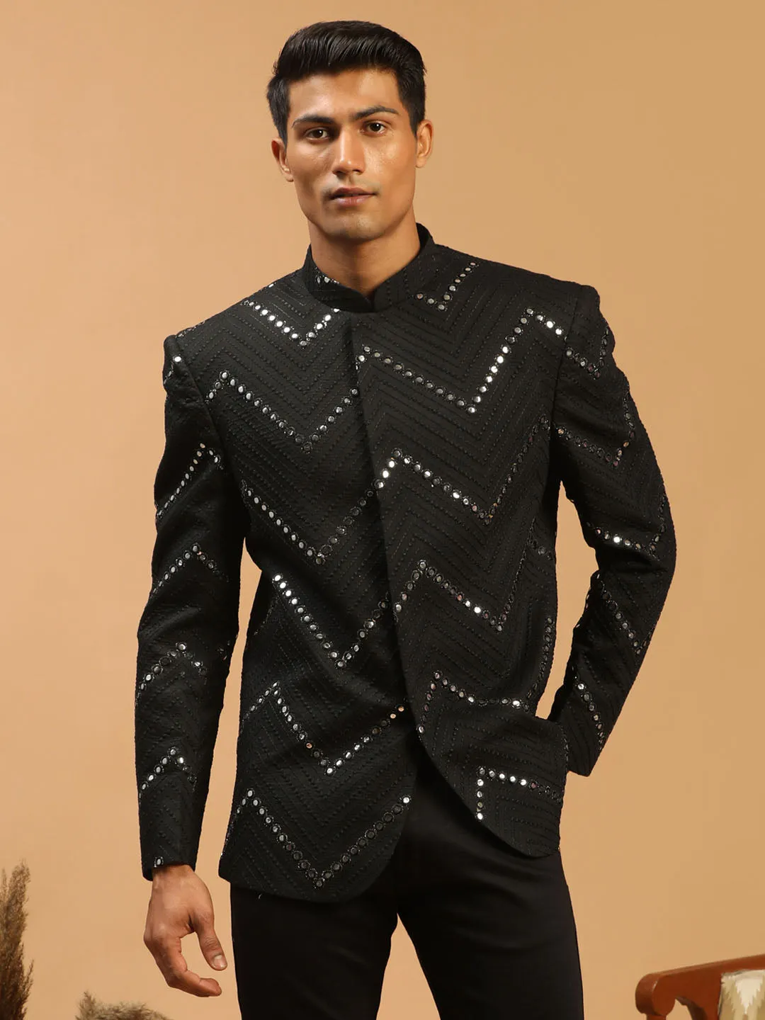 Vastramay Men's Black Mirror Jodhpuri