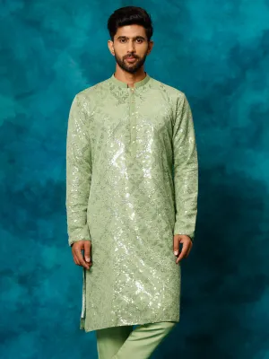 VM By Vastramay Men's Mint Green Embellished Georgette Kurta