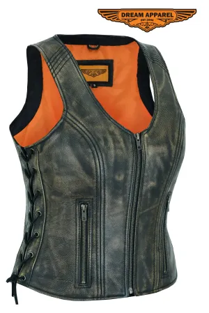 Women's Distressed Brown Naked Leather Vest Side Laces, front zipper