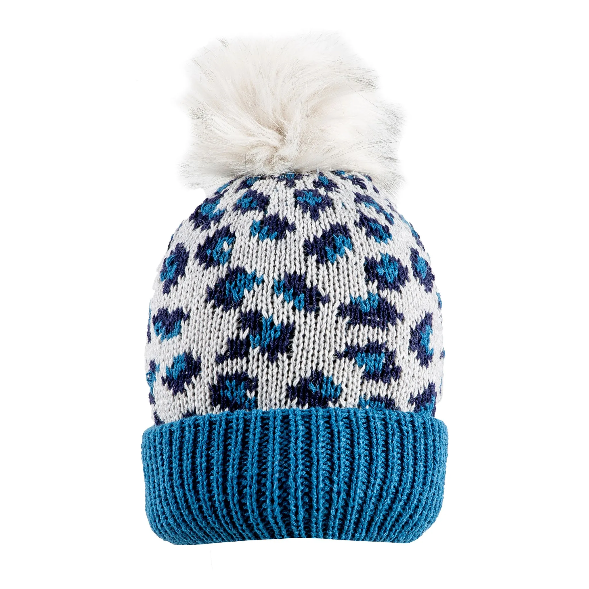 Women’s Jacquard Knitted Bobble Hat with Leopard Print Pattern and Faux Fur Pom Pom