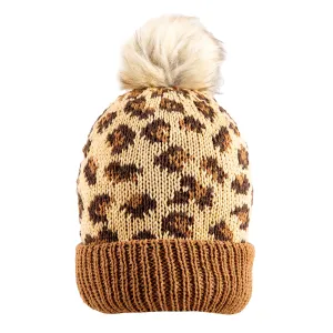 Women’s Jacquard Knitted Bobble Hat with Leopard Print Pattern and Faux Fur Pom Pom